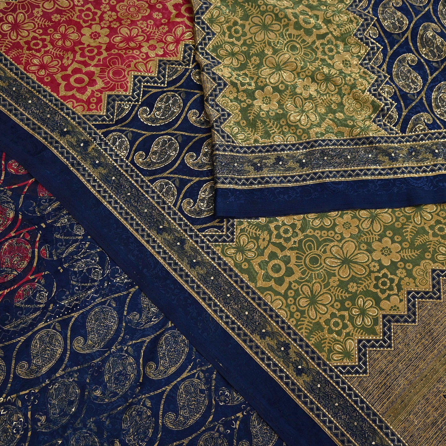 Indian Vintage Blue & Green Sarees Moss Crepe Printed Sari 6yd Sewing Floral Soft Craft Fabric DressMaking For Crafting Quilting Upcycle