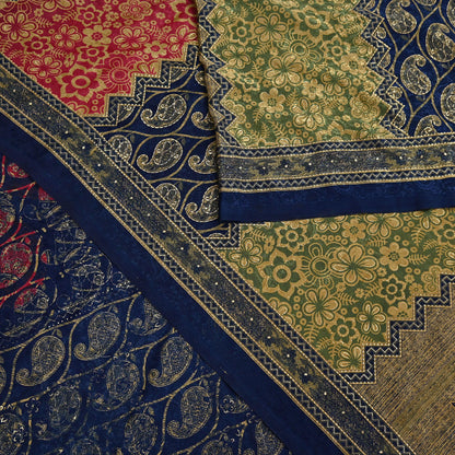 Indian Vintage Blue & Green Sarees Moss Crepe Printed Sari 6yd Sewing Floral Soft Craft Fabric DressMaking For Crafting Quilting Upcycle