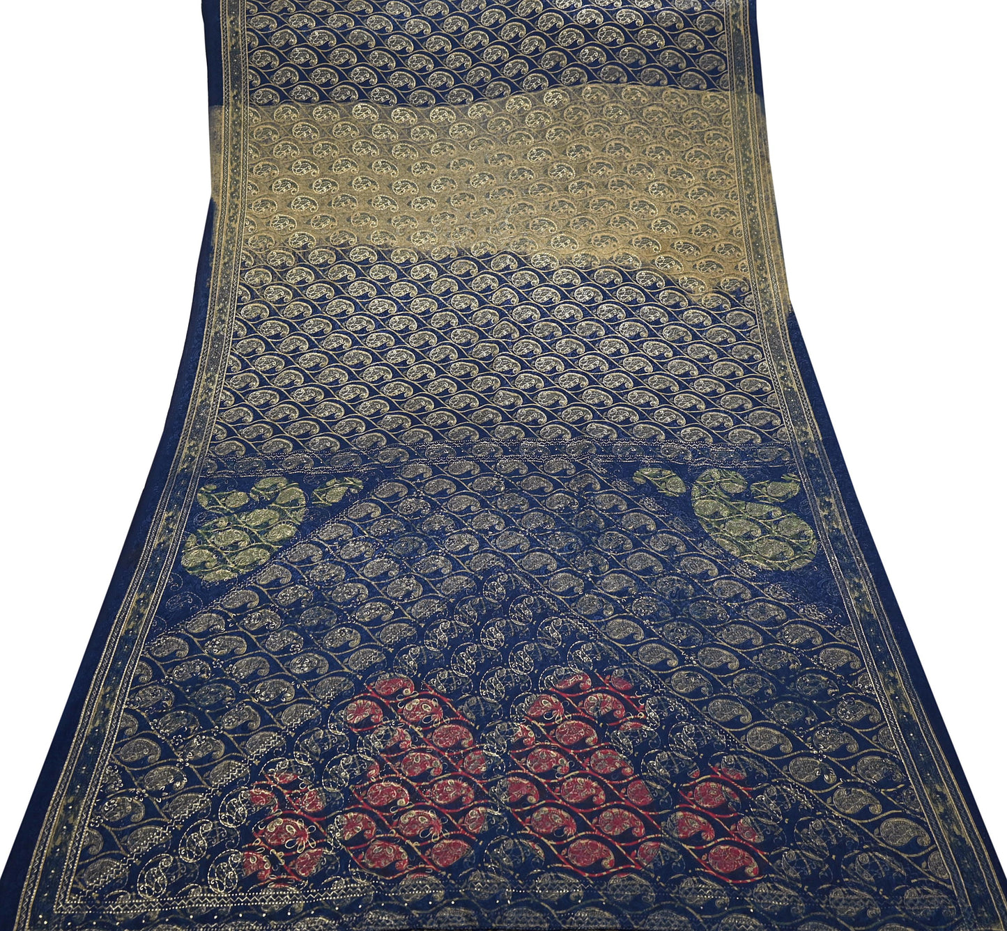 Indian Vintage Blue & Green Sarees Moss Crepe Printed Sari 6yd Sewing Floral Soft Craft Fabric DressMaking For Crafting Quilting Upcycle