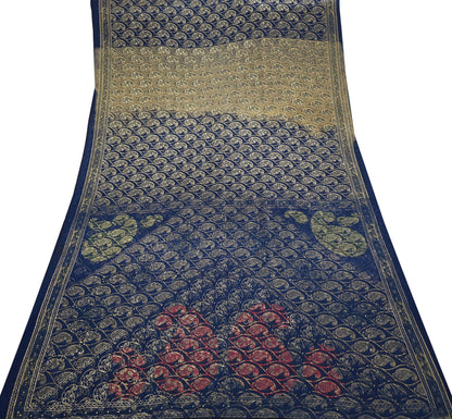 Indian Vintage Blue & Green Sarees Moss Crepe Printed Sari 6yd Sewing Floral Soft Craft Fabric DressMaking For Crafting Quilting Upcycle