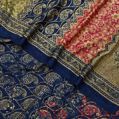 Indian Vintage Blue & Green Sarees Moss Crepe Printed Sari 6yd Sewing Floral Soft Craft Fabric DressMaking For Crafting Quilting Upcycle