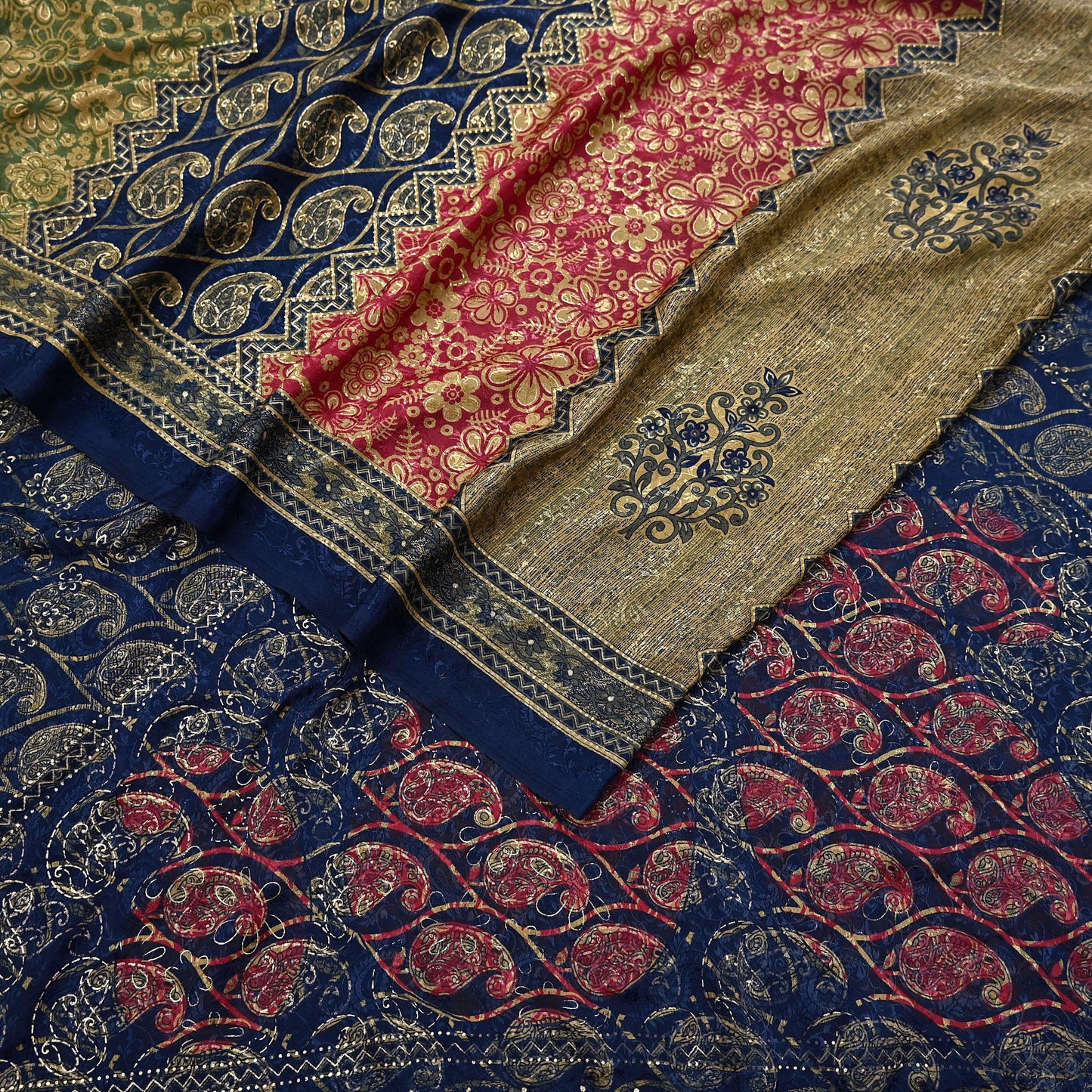 Indian Vintage Blue & Green Sarees Moss Crepe Printed Sari 6yd Sewing Floral Soft Craft Fabric DressMaking For Crafting Quilting Upcycle