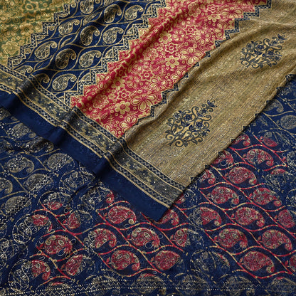 Indian Vintage Blue & Green Sarees Moss Crepe Printed Sari 6yd Sewing Floral Soft Craft Fabric DressMaking For Crafting Quilting Upcycle