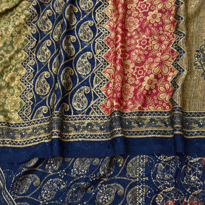 Indian Vintage Blue & Green Sarees Moss Crepe Printed Sari 6yd Sewing Floral Soft Craft Fabric DressMaking For Crafting Quilting Upcycle