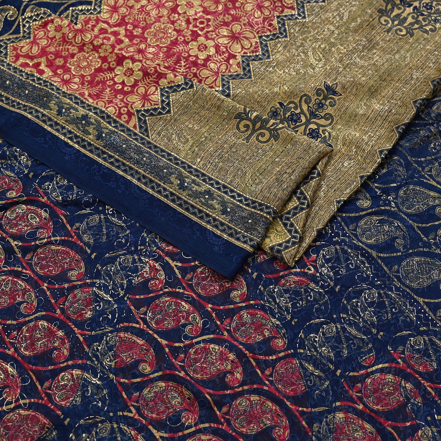 Indian Vintage Blue & Green Sarees Moss Crepe Printed Sari 6yd Sewing Floral Soft Craft Fabric DressMaking For Crafting Quilting Upcycle