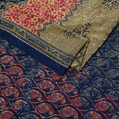 Indian Vintage Blue & Green Sarees Moss Crepe Printed Sari 6yd Sewing Floral Soft Craft Fabric DressMaking For Crafting Quilting Upcycle