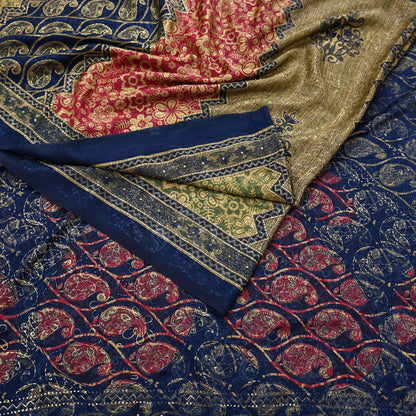 Indian Vintage Blue & Green Sarees Moss Crepe Printed Sari 6yd Sewing Floral Soft Craft Fabric DressMaking For Crafting Quilting Upcycle