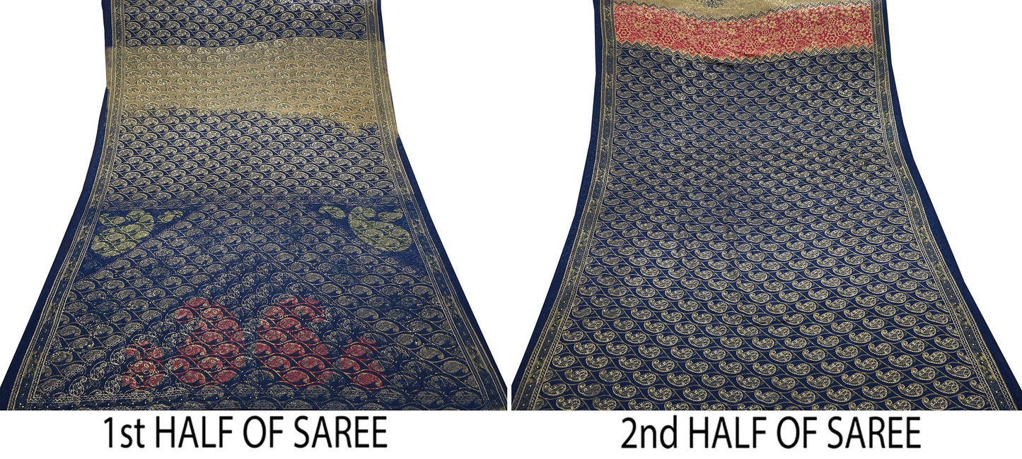 Indian Vintage Blue & Green Sarees Moss Crepe Printed Sari 6yd Sewing Floral Soft Craft Fabric DressMaking For Crafting Quilting Upcycle