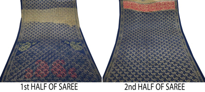 Indian Vintage Blue & Green Sarees Moss Crepe Printed Sari 6yd Sewing Floral Soft Craft Fabric DressMaking For Crafting Quilting Upcycle