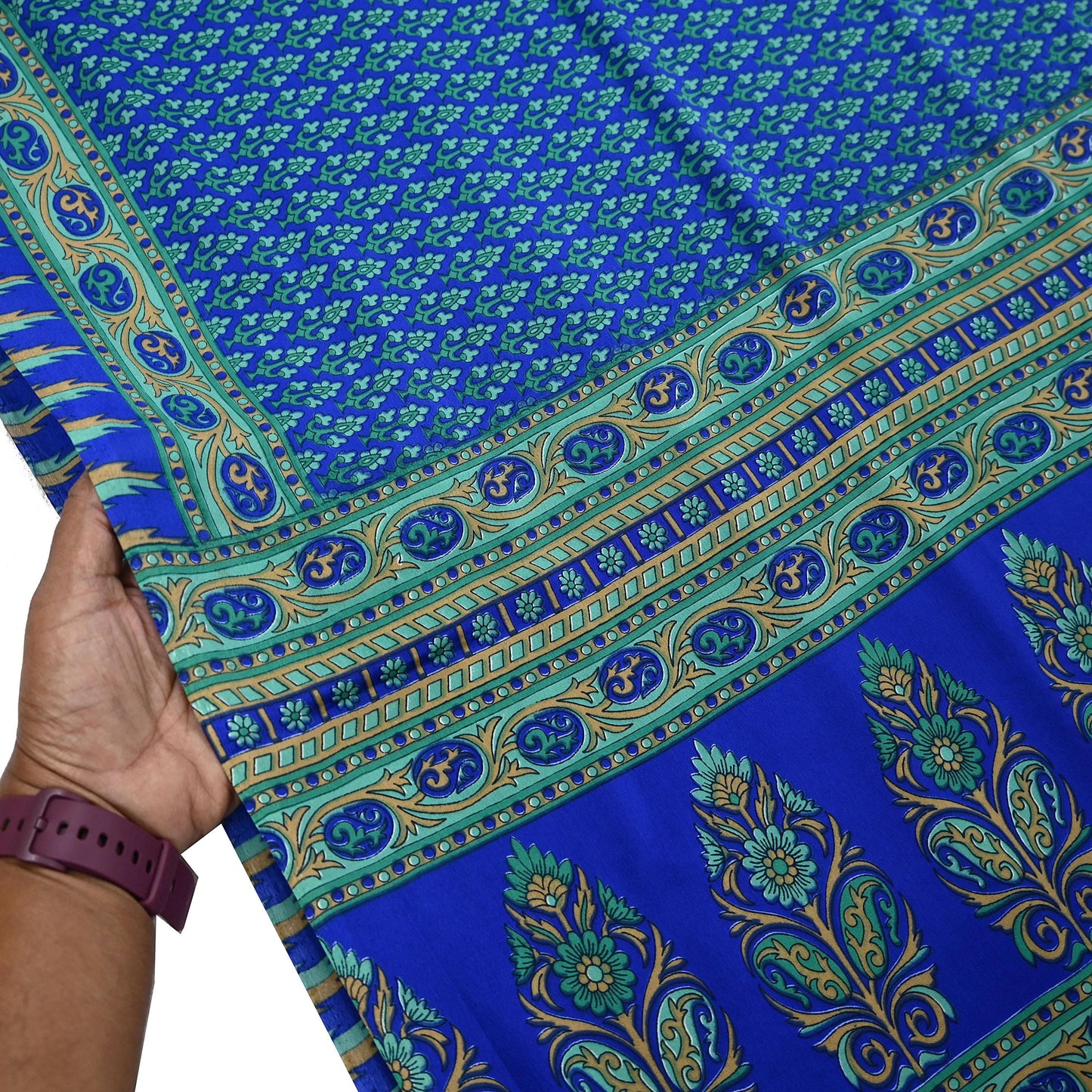 Indian Vintage Blue Artificial Silk Saree Printed Floral Sari Fabric 6 Yards Soft Craft Fabric for Sewing, Dressmaking, Quilting,Upcycling