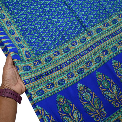 Indian Vintage Blue Artificial Silk Saree Printed Floral Sari Fabric 6 Yards Soft Craft Fabric for Sewing, Dressmaking, Quilting,Upcycling