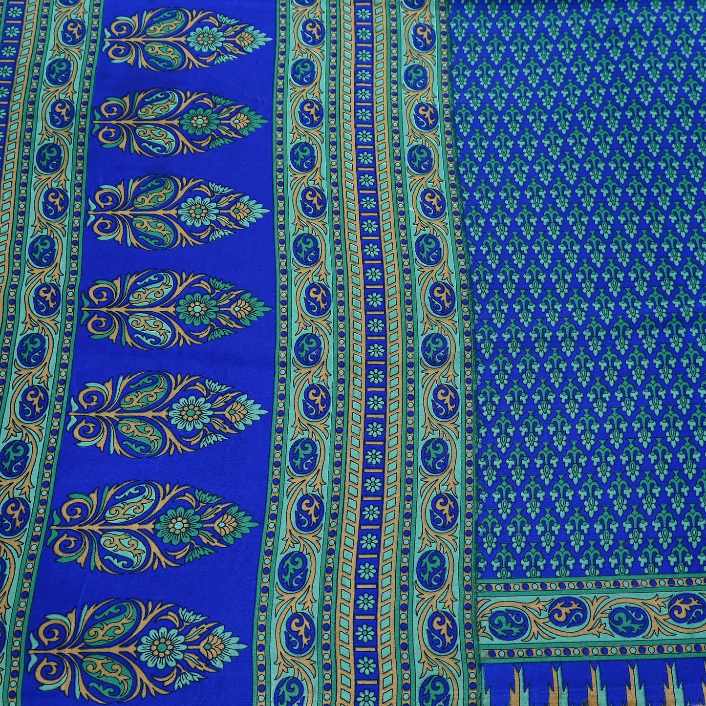 Indian Vintage Blue Artificial Silk Saree Printed Floral Sari Fabric 6 Yards Soft Craft Fabric for Sewing, Dressmaking, Quilting,Upcycling