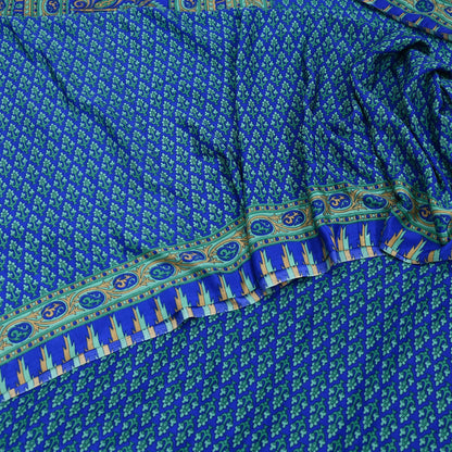 Indian Vintage Blue Artificial Silk Saree Printed Floral Sari Fabric 6 Yards Soft Craft Fabric for Sewing, Dressmaking, Quilting,Upcycling
