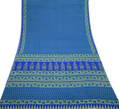 Indian Vintage Blue Artificial Silk Saree Printed Floral Sari Fabric 6 Yards Soft Craft Fabric for Sewing, Dressmaking, Quilting,Upcycling