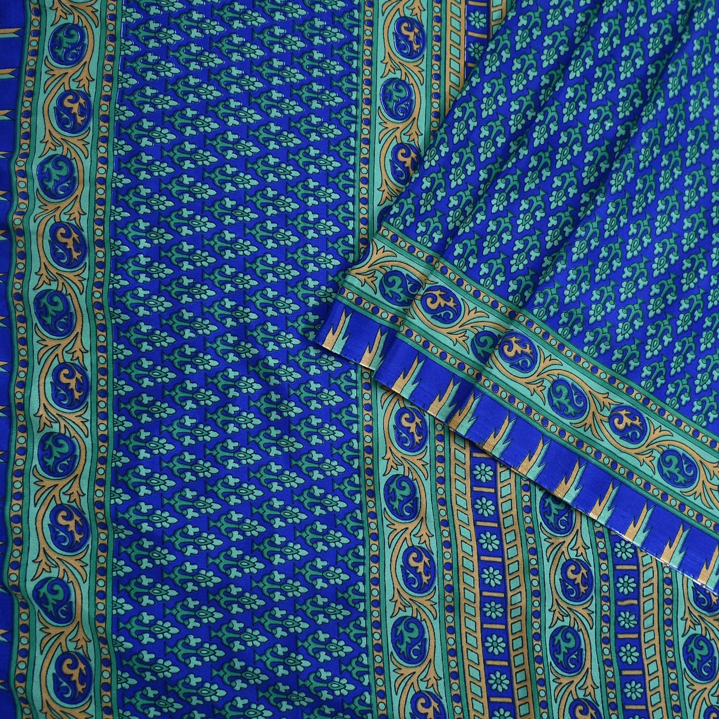 Indian Vintage Blue Artificial Silk Saree Printed Floral Sari Fabric 6 Yards Soft Craft Fabric for Sewing, Dressmaking, Quilting,Upcycling