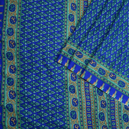 Indian Vintage Blue Artificial Silk Saree Printed Floral Sari Fabric 6 Yards Soft Craft Fabric for Sewing, Dressmaking, Quilting,Upcycling