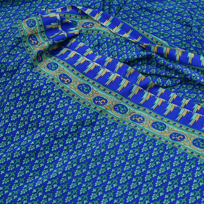 Indian Vintage Blue Artificial Silk Saree Printed Floral Sari Fabric 6 Yards Soft Craft Fabric for Sewing, Dressmaking, Quilting,Upcycling
