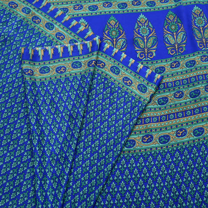 Indian Vintage Blue Artificial Silk Saree Printed Floral Sari Fabric 6 Yards Soft Craft Fabric for Sewing, Dressmaking, Quilting,Upcycling