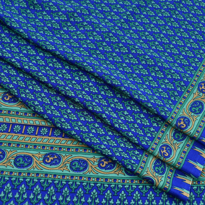 Indian Vintage Blue Artificial Silk Saree Printed Floral Sari Fabric 6 Yards Soft Craft Fabric for Sewing, Dressmaking, Quilting,Upcycling