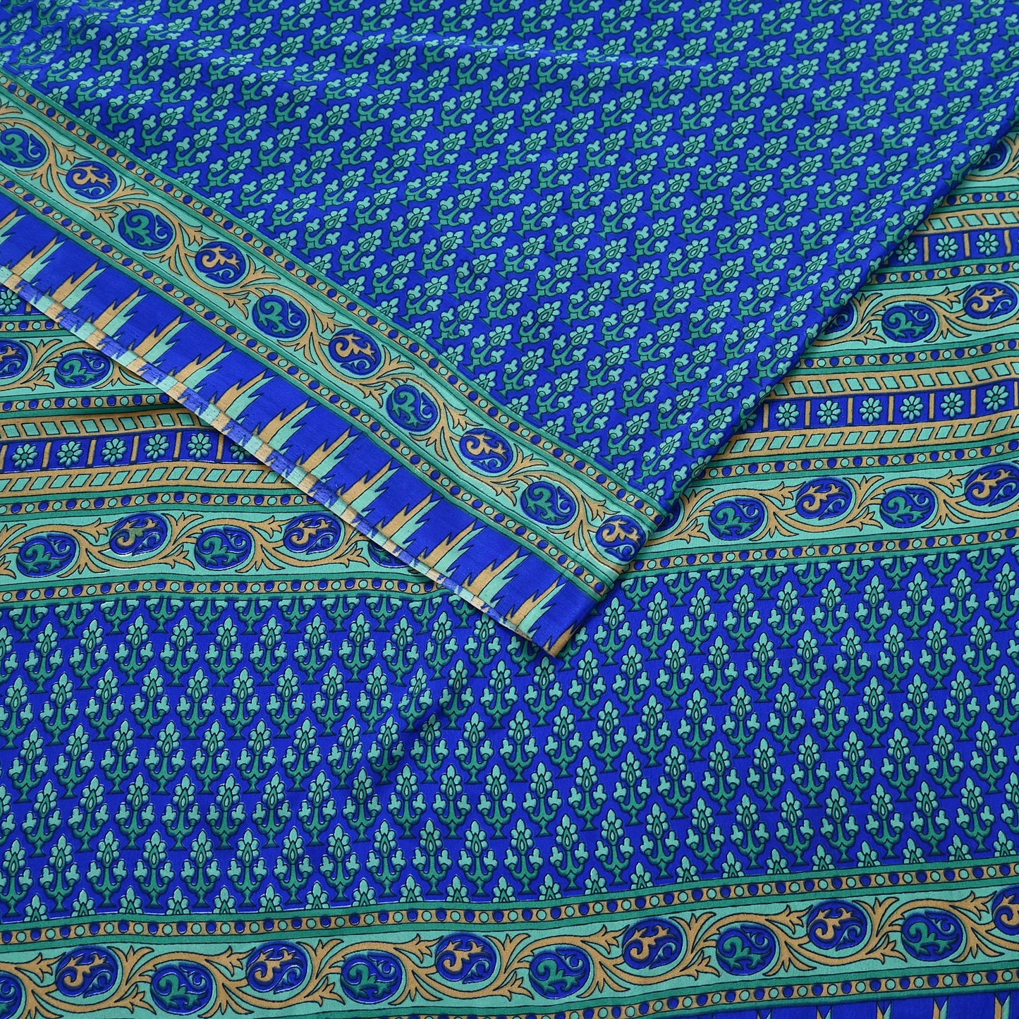Indian Vintage Blue Artificial Silk Saree Printed Floral Sari Fabric 6 Yards Soft Craft Fabric for Sewing, Dressmaking, Quilting,Upcycling