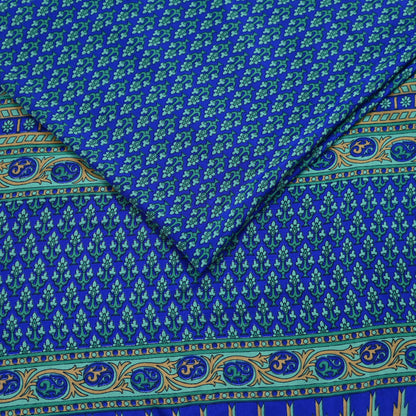 Indian Vintage Blue Artificial Silk Saree Printed Floral Sari Fabric 6 Yards Soft Craft Fabric for Sewing, Dressmaking, Quilting,Upcycling