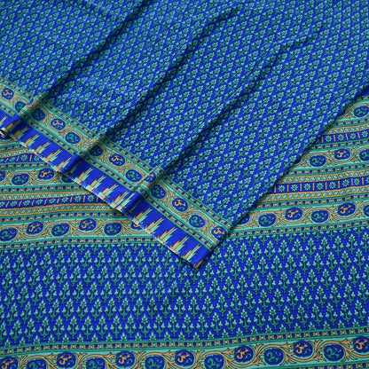 Indian Vintage Blue Artificial Silk Saree Printed Floral Sari Fabric 6 Yards Soft Craft Fabric for Sewing, Dressmaking, Quilting,Upcycling
