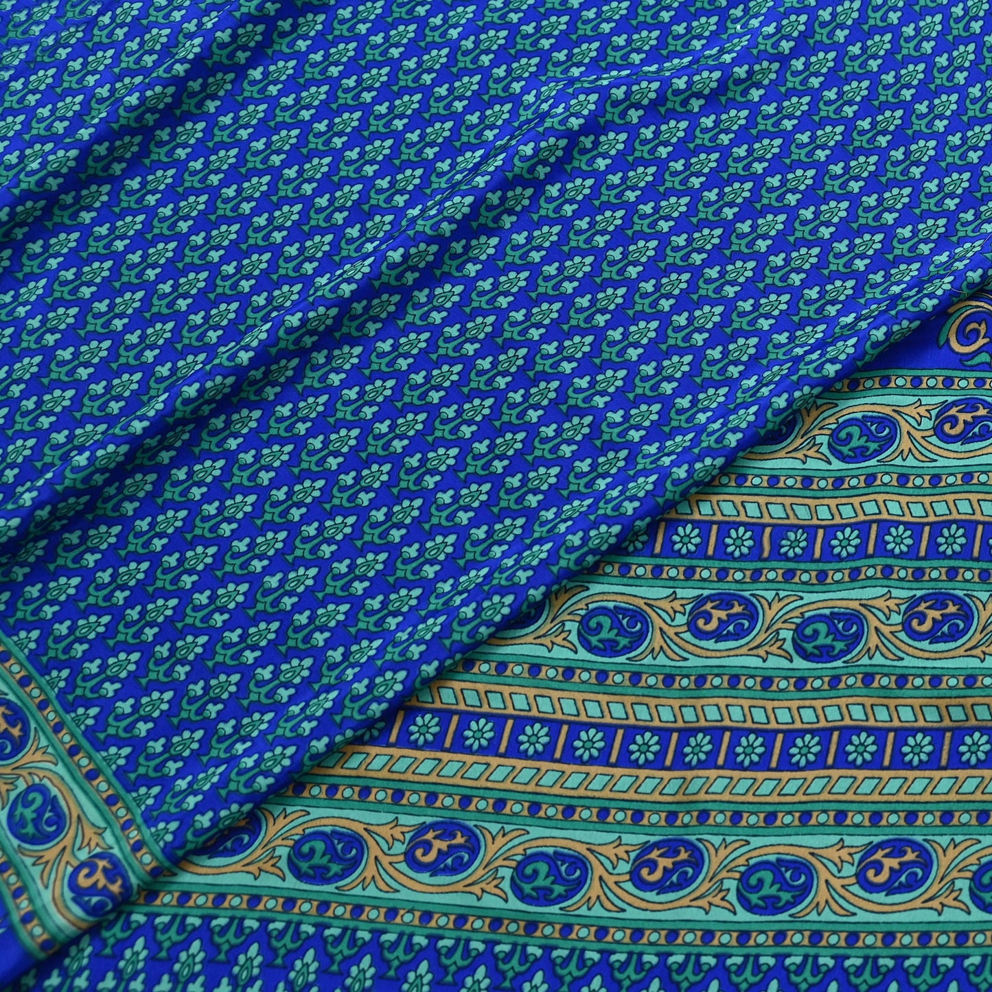 Indian Vintage Blue Artificial Silk Saree Printed Floral Sari Fabric 6 Yards Soft Craft Fabric for Sewing, Dressmaking, Quilting,Upcycling
