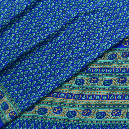 Indian Vintage Blue Artificial Silk Saree Printed Floral Sari Fabric 6 Yards Soft Craft Fabric for Sewing, Dressmaking, Quilting,Upcycling