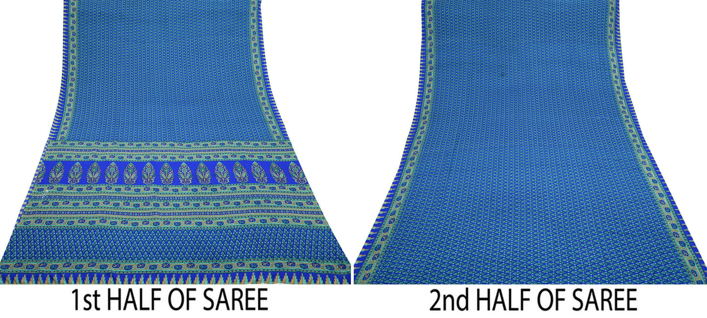 Indian Vintage Blue Artificial Silk Saree Printed Floral Sari Fabric 6 Yards Soft Craft Fabric for Sewing, Dressmaking, Quilting,Upcycling