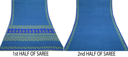 Indian Vintage Blue Artificial Silk Saree Printed Floral Sari Fabric 6 Yards Soft Craft Fabric for Sewing, Dressmaking, Quilting,Upcycling