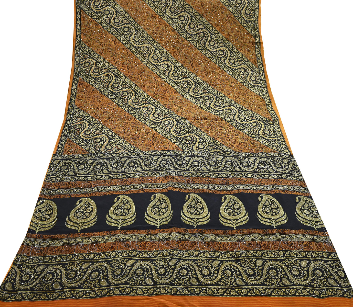 Indian Vintage Sari Black & Mustard Pure Crepe Silk Hand Embroidered Sarees 5yd Sewing Craft Fabric Dress Making Floral Sequins Upcycle