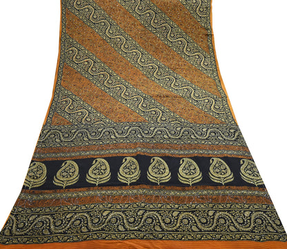 Indian Vintage Sari Black & Mustard Pure Crepe Silk Hand Embroidered Sarees 5yd Sewing Craft Fabric Dress Making Floral Sequins Upcycle