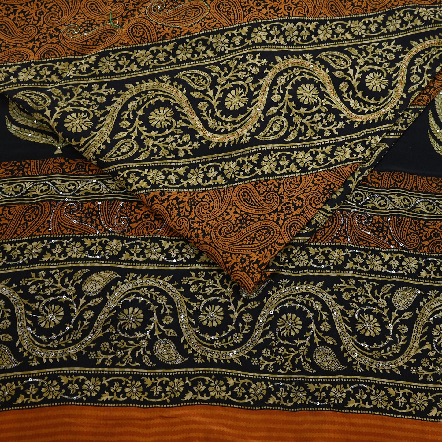 Indian Vintage Sari Black & Mustard Pure Crepe Silk Hand Embroidered Sarees 5yd Sewing Craft Fabric Dress Making Floral Sequins Upcycle