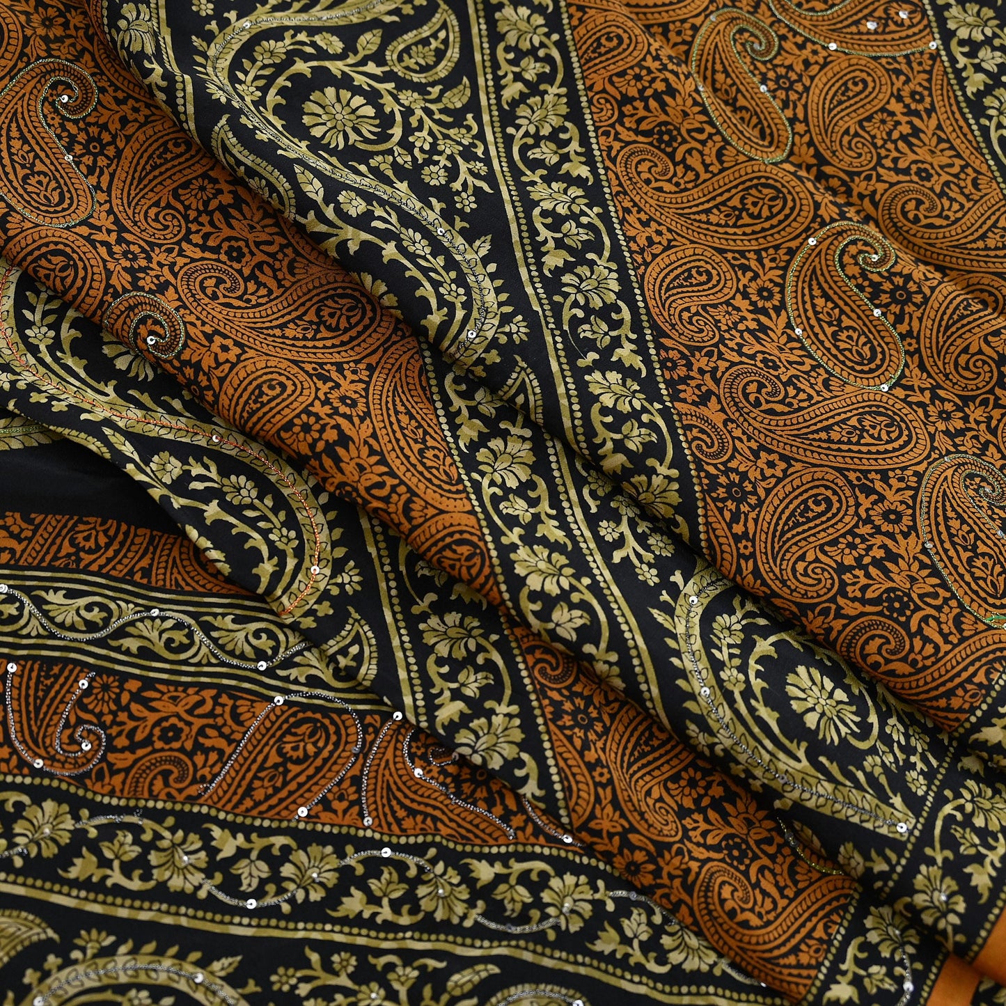 Indian Vintage Sari Black & Mustard Pure Crepe Silk Hand Embroidered Sarees 5yd Sewing Craft Fabric Dress Making Floral Sequins Upcycle