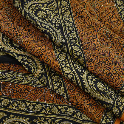 Indian Vintage Sari Black & Mustard Pure Crepe Silk Hand Embroidered Sarees 5yd Sewing Craft Fabric Dress Making Floral Sequins Upcycle