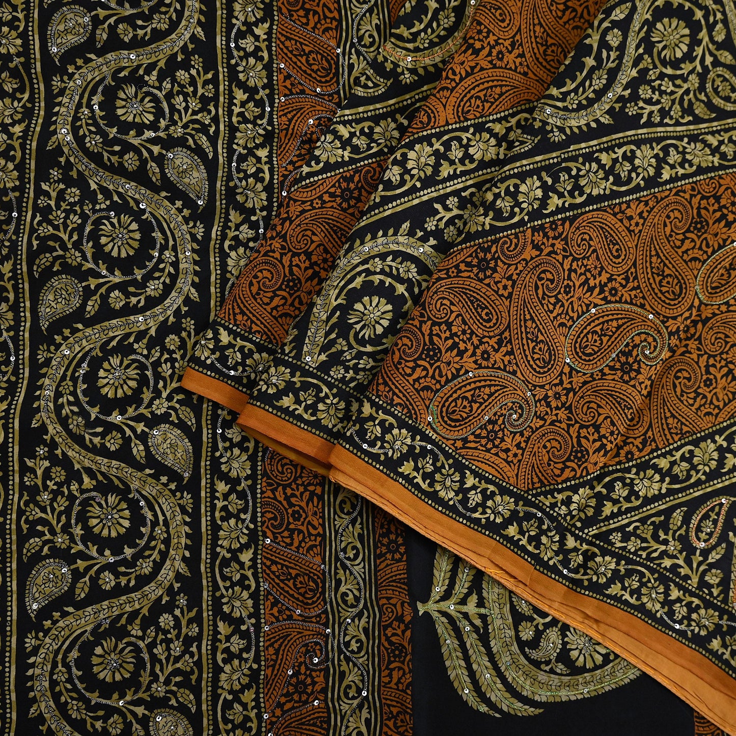 Indian Vintage Sari Black & Mustard Pure Crepe Silk Hand Embroidered Sarees 5yd Sewing Craft Fabric Dress Making Floral Sequins Upcycle