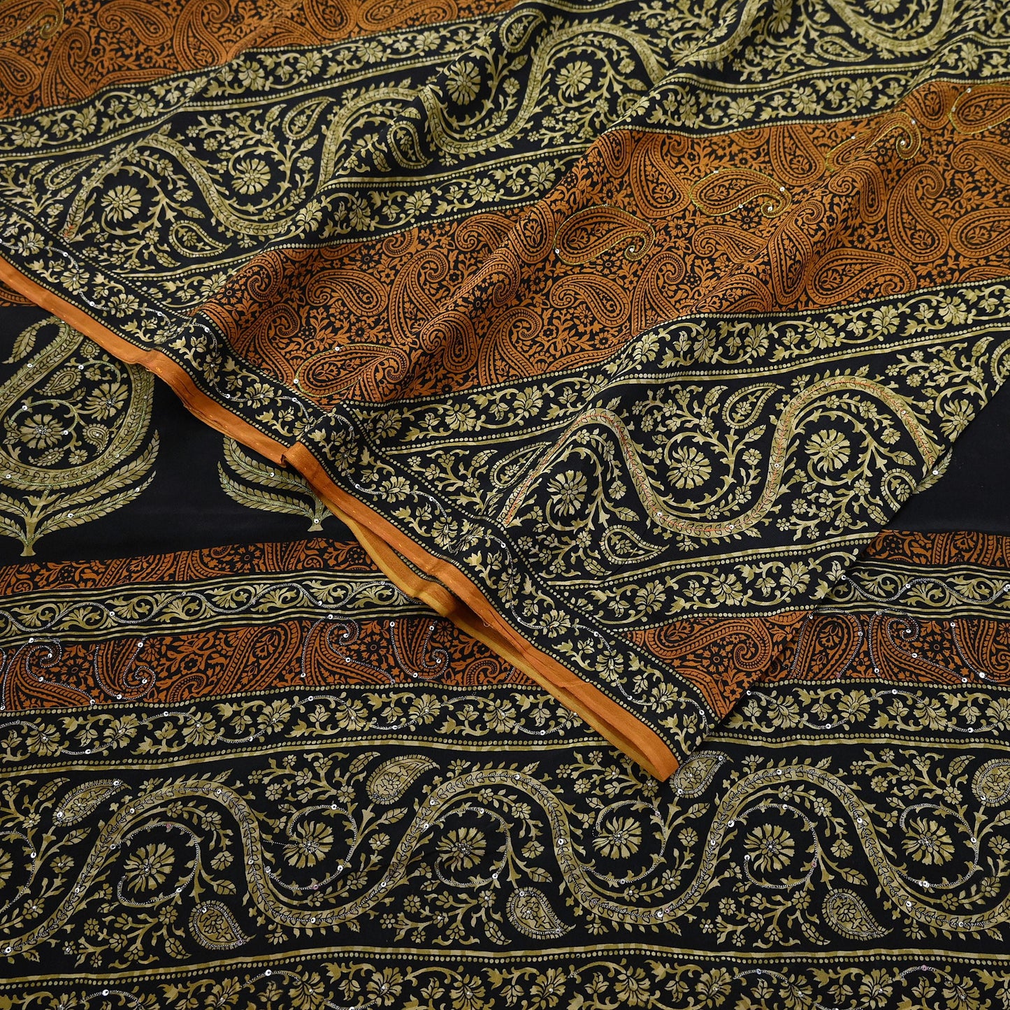 Indian Vintage Sari Black & Mustard Pure Crepe Silk Hand Embroidered Sarees 5yd Sewing Craft Fabric Dress Making Floral Sequins Upcycle