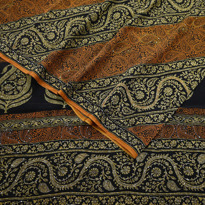Indian Vintage Sari Black & Mustard Pure Crepe Silk Hand Embroidered Sarees 5yd Sewing Craft Fabric Dress Making Floral Sequins Upcycle