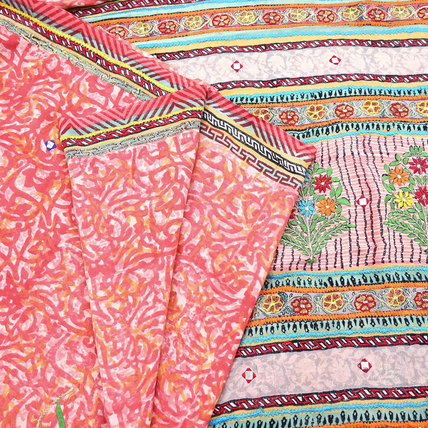 Indian Vintage Sari Pure Crepe Silk Hand Embroidered Saree 5yd Sewing Floral Craft Fabric Sequins Dress making Crafting Quilting