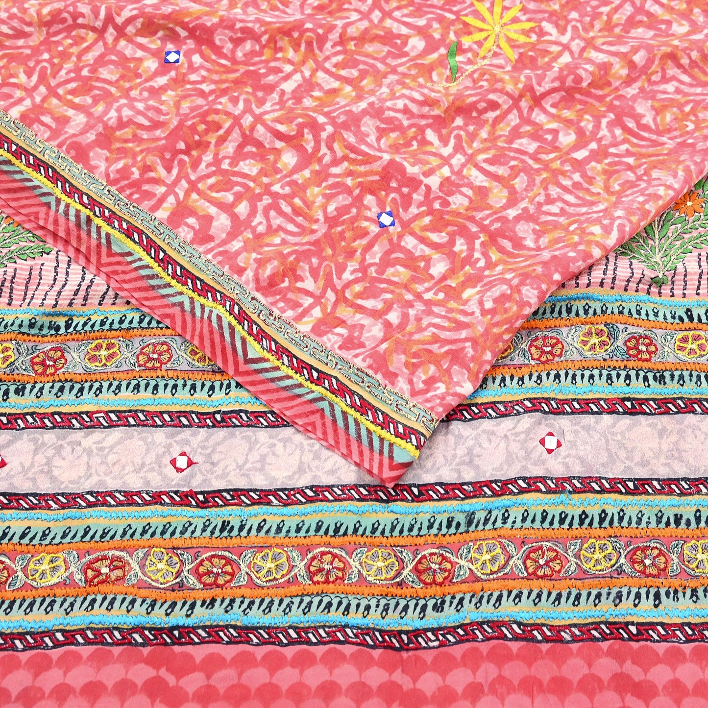 Indian Vintage Sari Pure Crepe Silk Hand Embroidered Saree 5yd Sewing Floral Craft Fabric Sequins Dress making Crafting Quilting