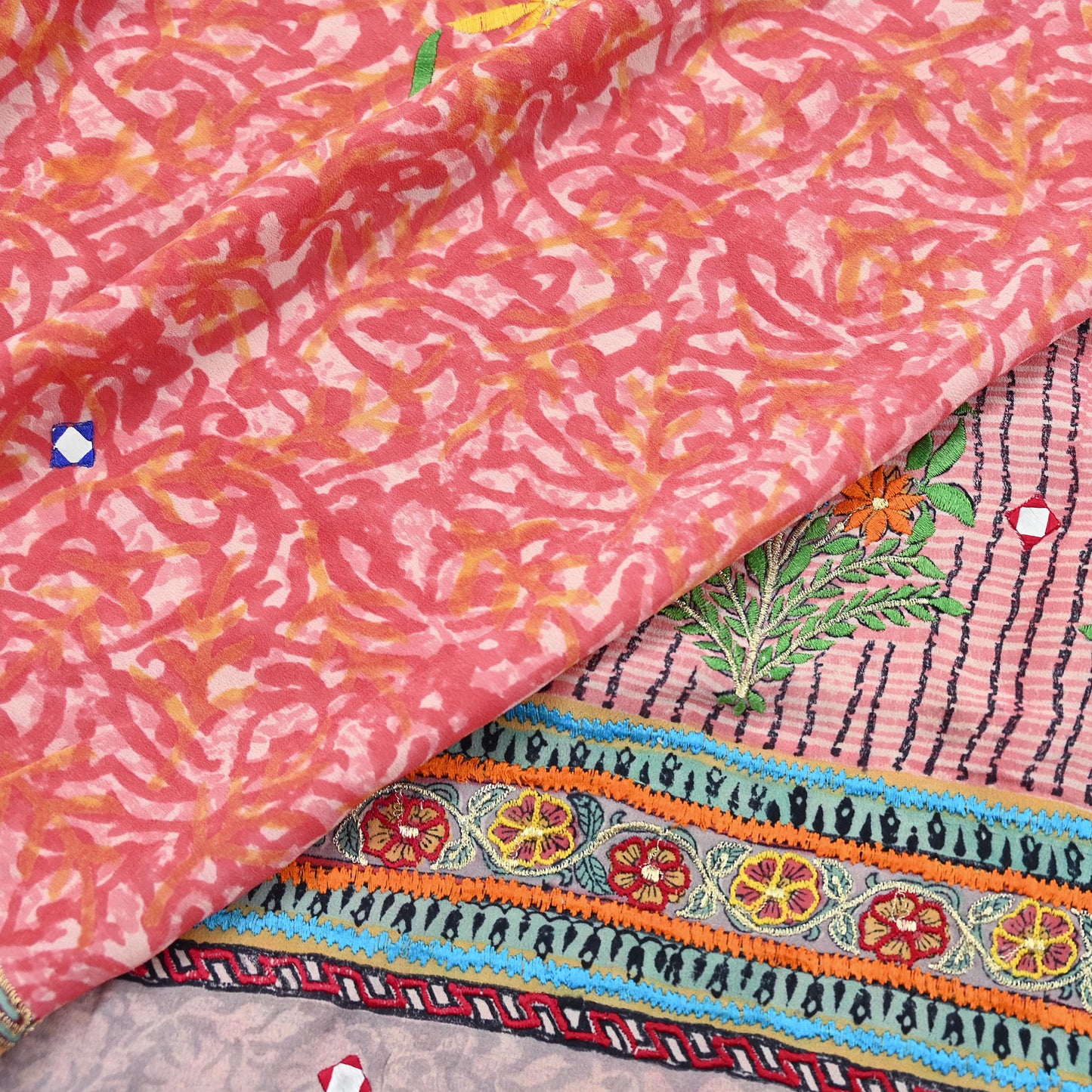 Indian Vintage Sari Pure Crepe Silk Hand Embroidered Saree 5yd Sewing Floral Craft Fabric Sequins Dress making Crafting Quilting