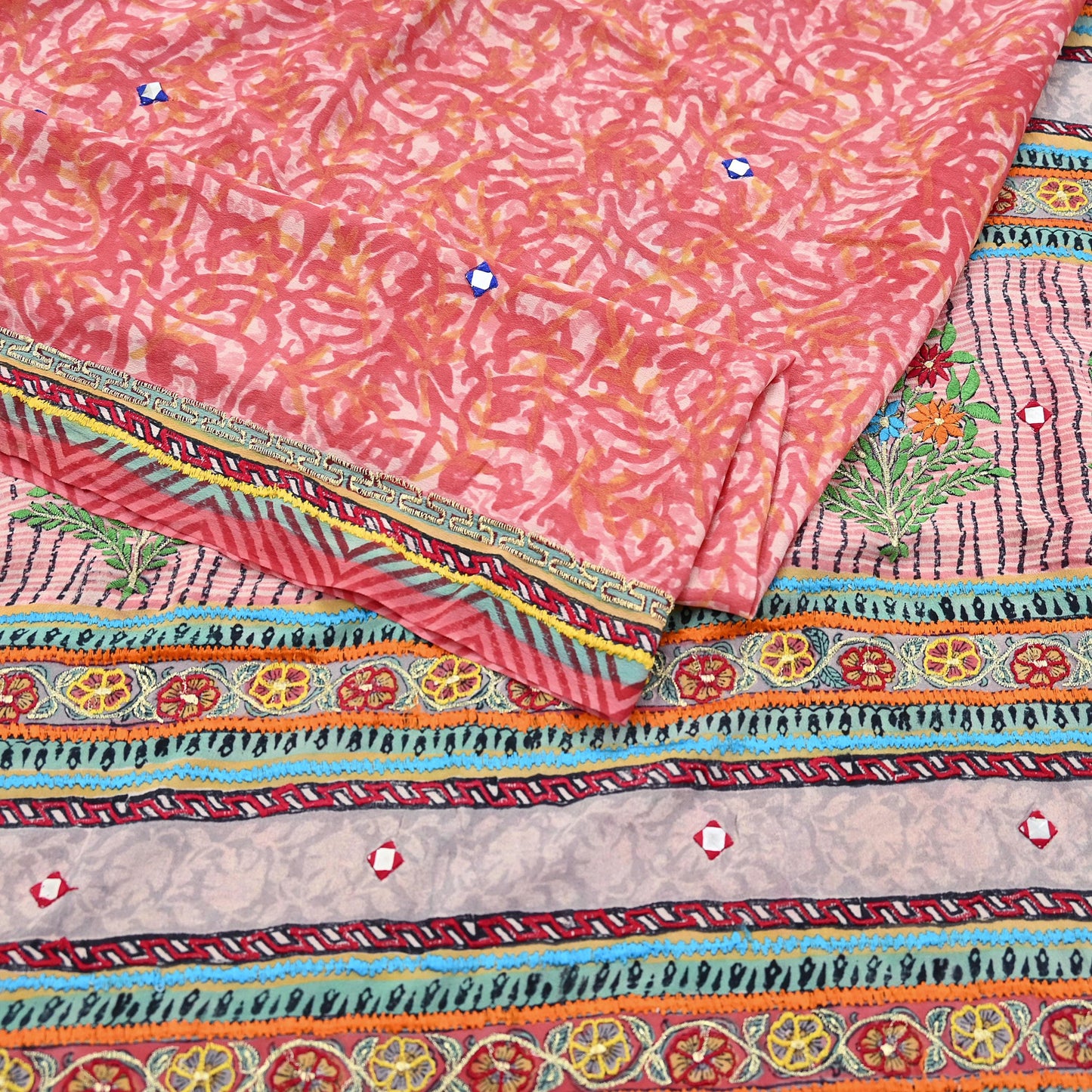 Indian Vintage Sari Pure Crepe Silk Hand Embroidered Saree 5yd Sewing Floral Craft Fabric Sequins Dress making Crafting Quilting