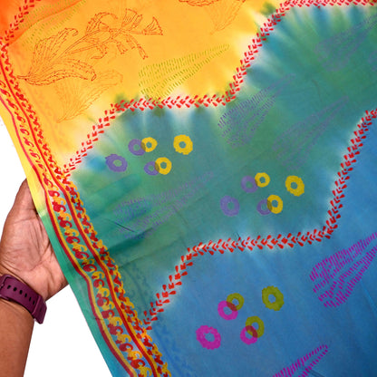 Indian Vintage Sari Saffron & Blue Pure Georgette Silk Printed Sarees Craft Fabric Sewing 5Yard Soft Light Dress Making Abstract