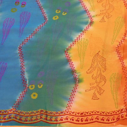 Indian Vintage Sari Saffron & Blue Pure Georgette Silk Printed Sarees Craft Fabric Sewing 5Yard Soft Light Dress Making Abstract