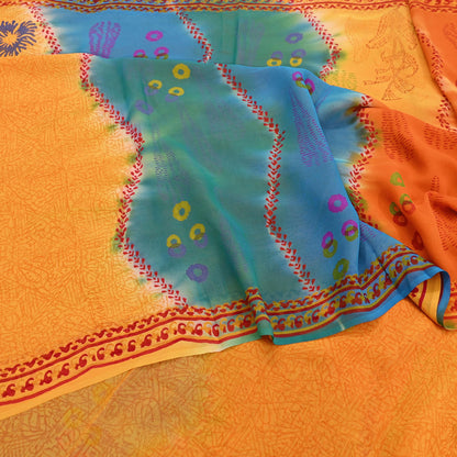 Indian Vintage Sari Saffron & Blue Pure Georgette Silk Printed Sarees Craft Fabric Sewing 5Yard Soft Light Dress Making Abstract