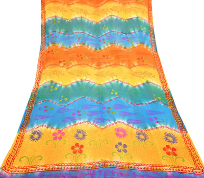 Indian Vintage Sari Saffron & Blue Pure Georgette Silk Printed Sarees Craft Fabric Sewing 5Yard Soft Light Dress Making Abstract