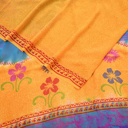 Indian Vintage Sari Saffron & Blue Pure Georgette Silk Printed Sarees Craft Fabric Sewing 5Yard Soft Light Dress Making Abstract