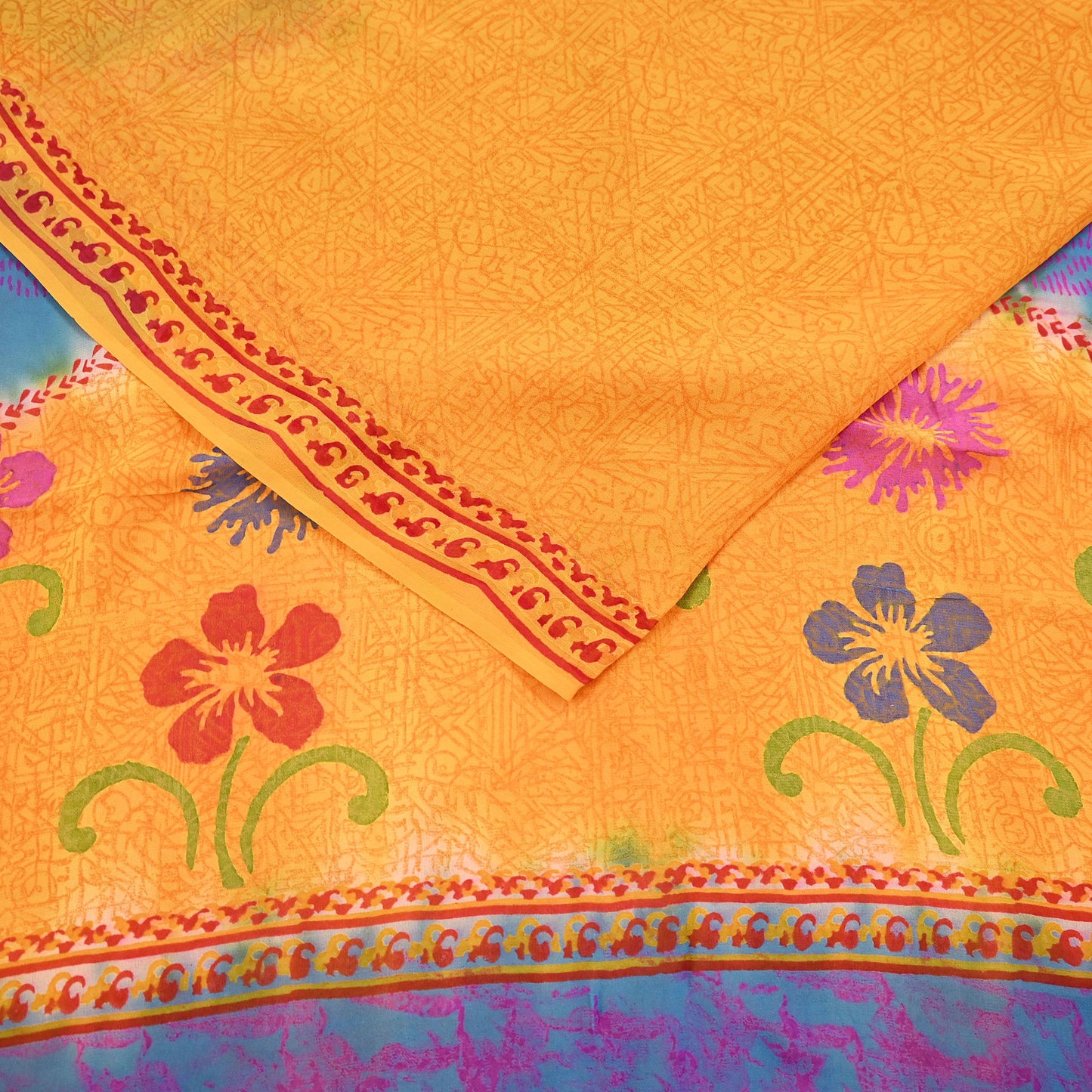 Indian Vintage Sari Saffron & Blue Pure Georgette Silk Printed Sarees Craft Fabric Sewing 5Yard Soft Light Dress Making Abstract