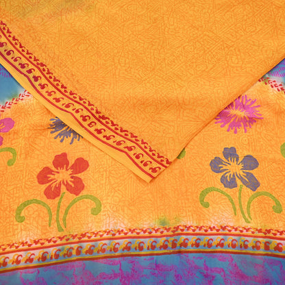 Indian Vintage Sari Saffron & Blue Pure Georgette Silk Printed Sarees Craft Fabric Sewing 5Yard Soft Light Dress Making Abstract