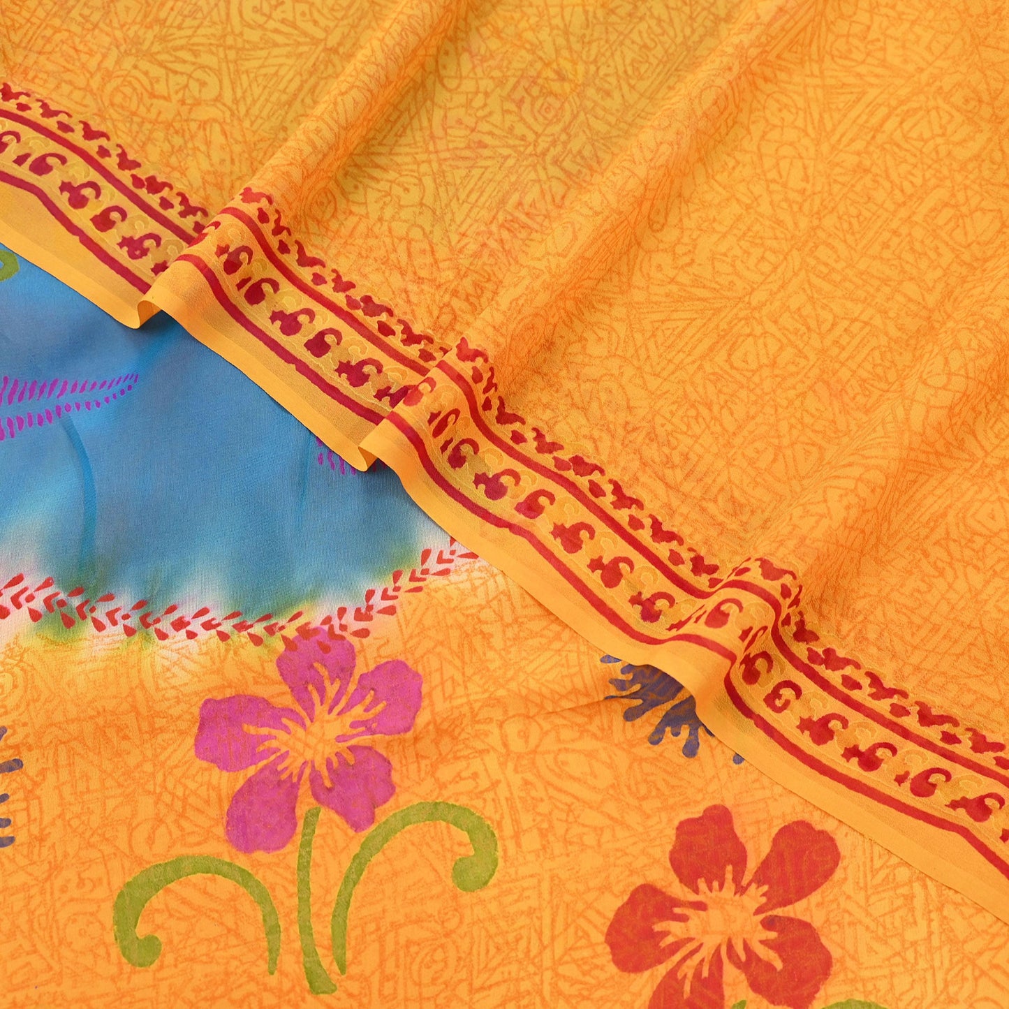Indian Vintage Sari Saffron & Blue Pure Georgette Silk Printed Sarees Craft Fabric Sewing 5Yard Soft Light Dress Making Abstract
